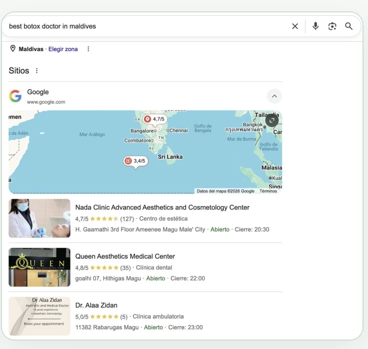 Google Maps results showing the clinic in the top three for a botox search